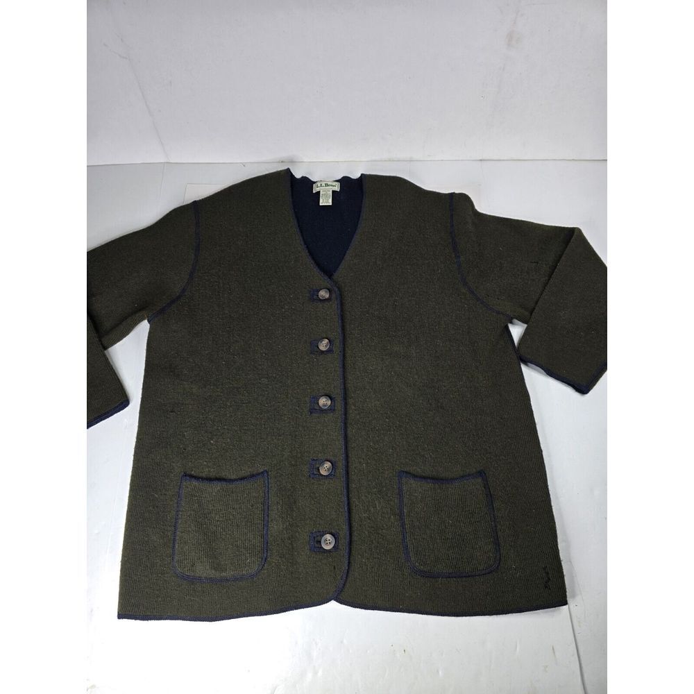 Women's Vintage LL Bean Green Knit Button Lamb's Wool Chore Sweater L Large‎